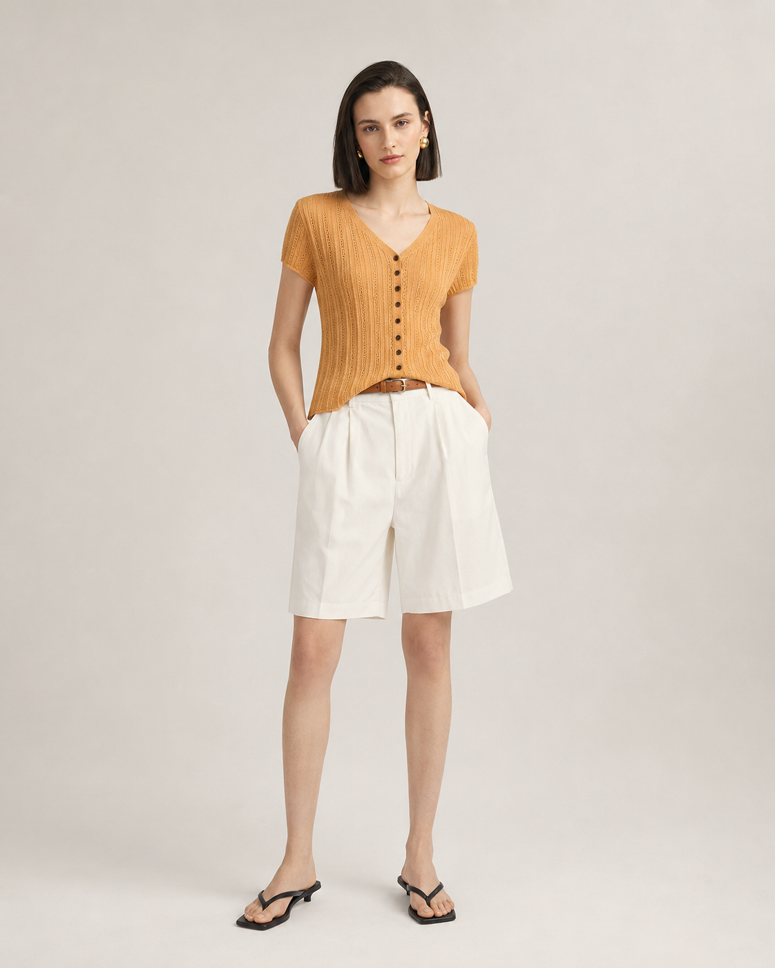 Women’s V-Neck Short Sleeve Openwork Knit Top