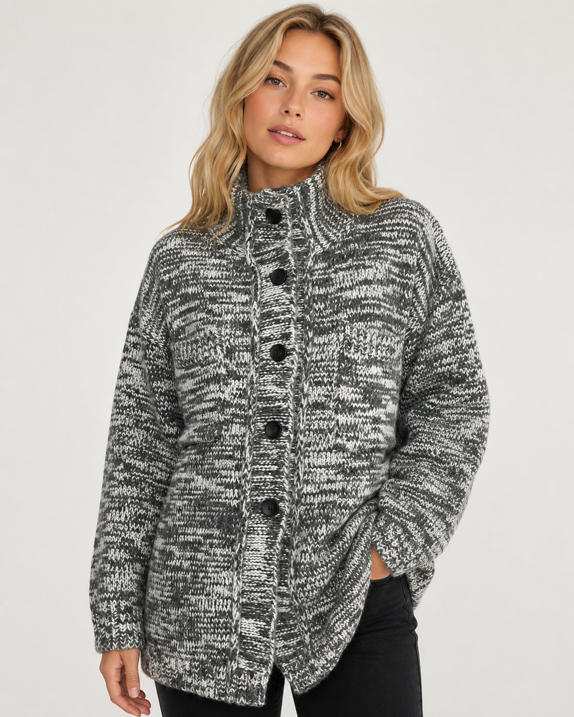 Unisex Wool Blend High Neck Knit Cardigan Sweater Button Front