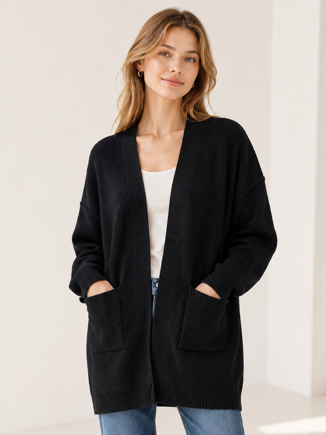 Women's Soft Fuzzy Knit V Neck Open Front Cardigan Sweater Waffle Knitwear