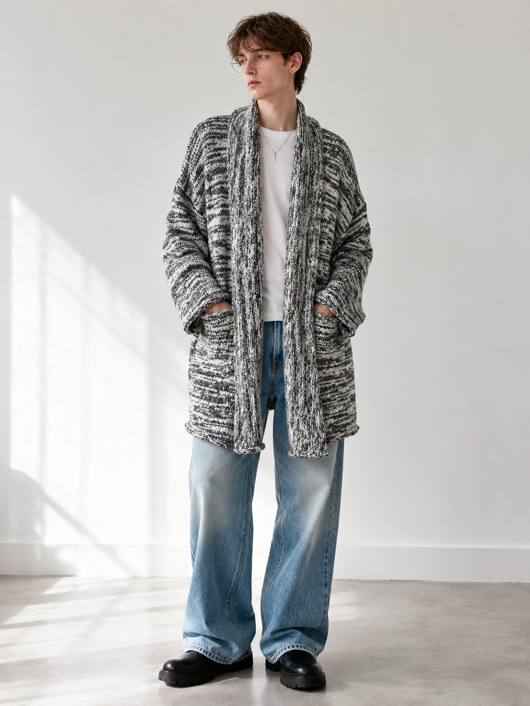 Unisex Wool Cashmere Blend Chunky Knit Cardigan Sweater Oversized Open Front