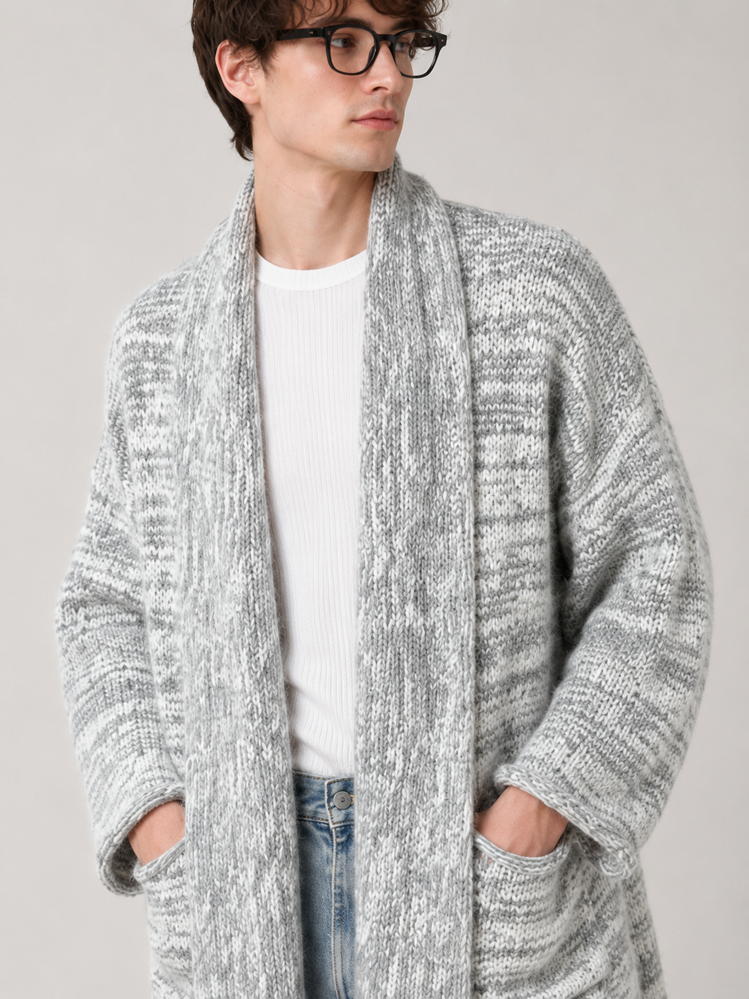 Unisex Wool Cashmere Blend Chunky Knit Cardigan Sweater Oversized Open Front