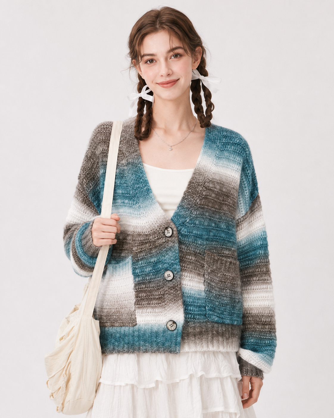 Women's Wool Cashmere Blend Gradient Yarn V Neck Short Cardigan Sweater