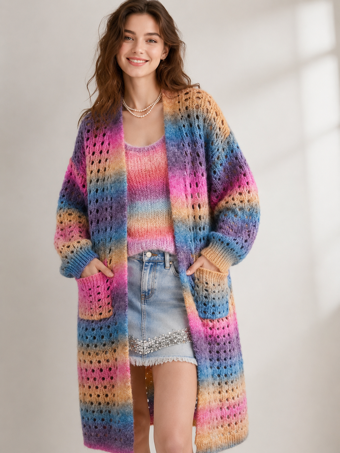 Women's Wool Blend Gradient Yarn Long Open Knit Cardigan Sweater