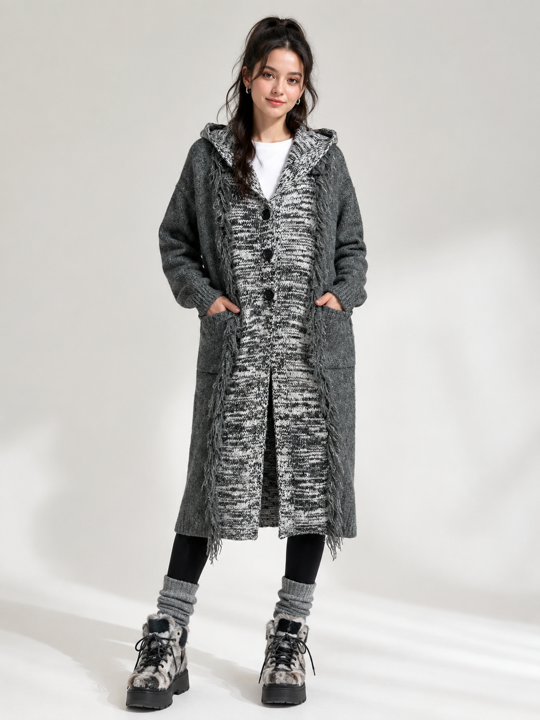 Women's Wool Blend Chunky Knit Hooded Long Cardigan Sweater