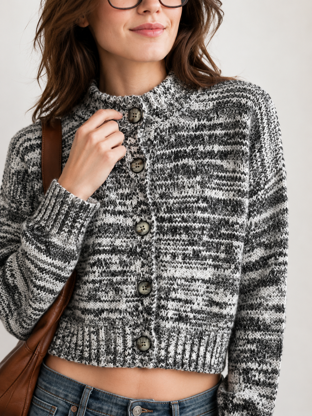 Women's Wool Blend Chunky Knit Crew Neck Short Cardigan Sweater