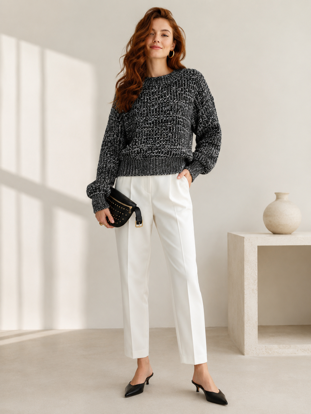 Women's Wool Blend Ribbed Knit Mock Neck Short Sweater