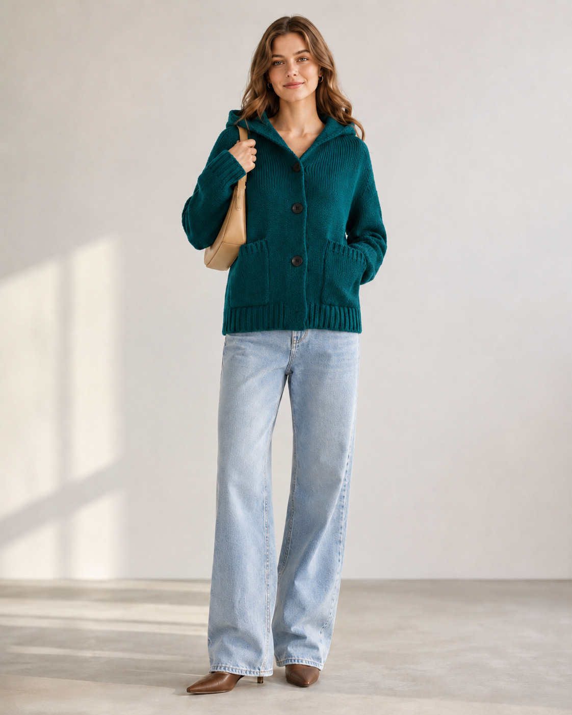 Women's Wool Blend Chunky Knit Hooded Short Cardigan Sweater