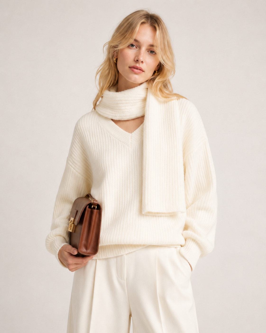 Women's Faux Cashmere V Neck Knit Sweater Set with Scarf