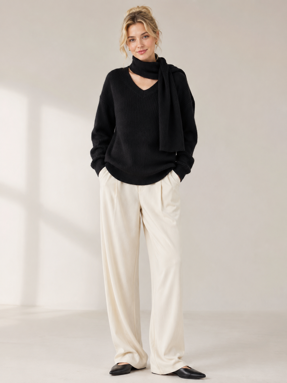 Women's Faux Cashmere V Neck Knit Sweater Set with Scarf
