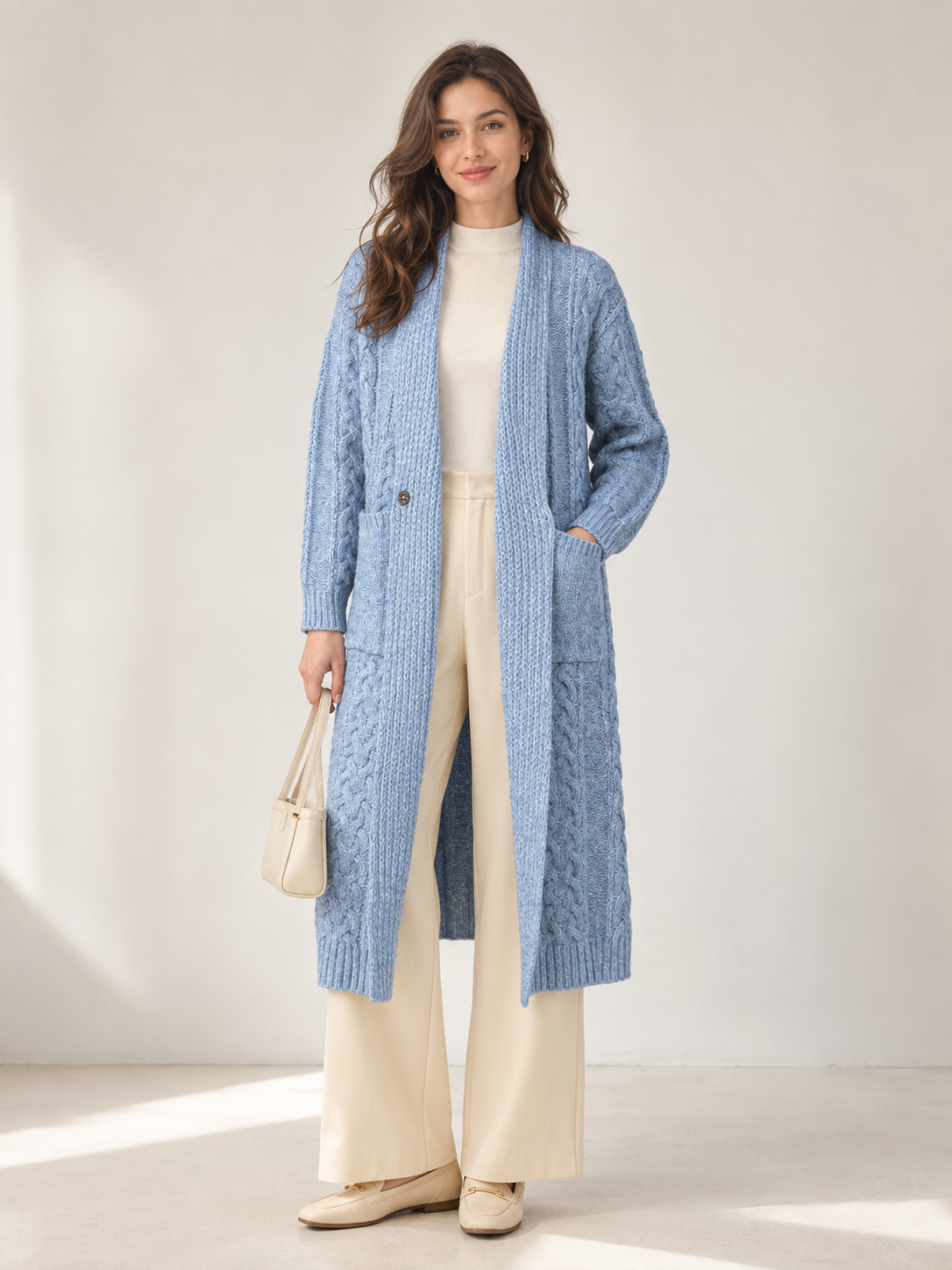 Women's Wool Blend Long Cable Knit Cardigan Sweater