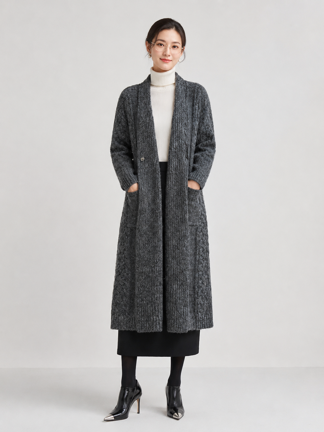 Women's Wool Blend Long Cable Knit Cardigan Sweater