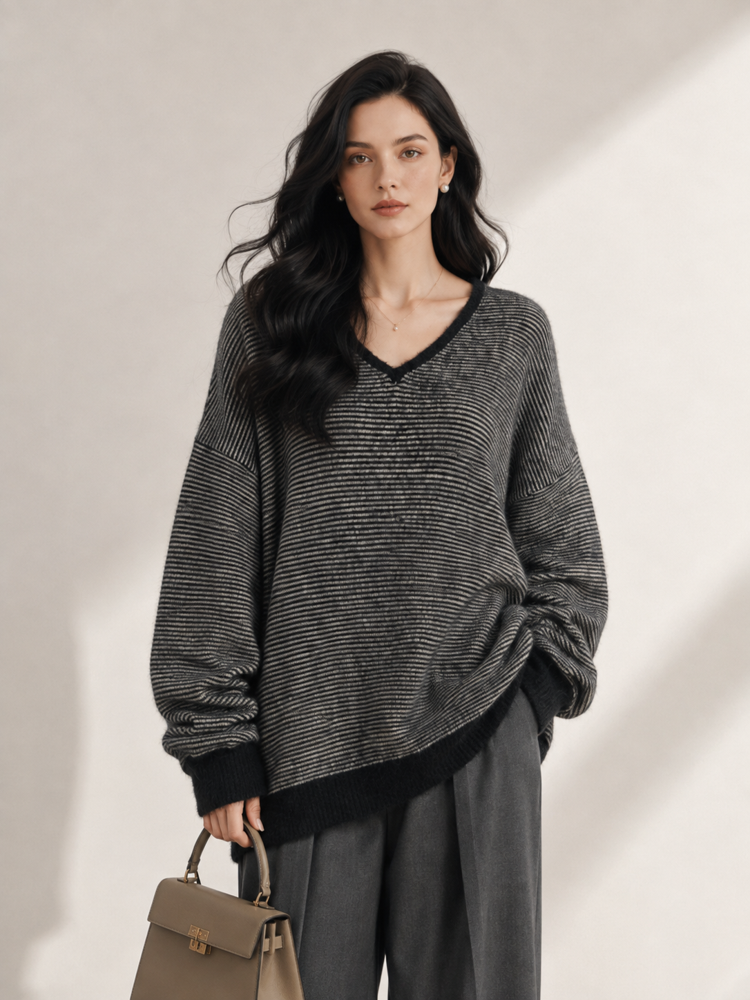Women's Faux Mink Fur V Neck Striped Knit Sweater