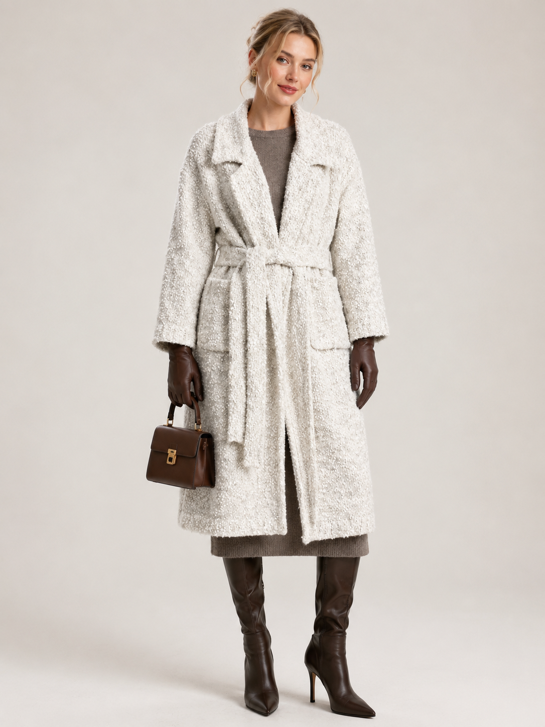 Women's Wool Blend Boucle Long Knit Coat Cardigan