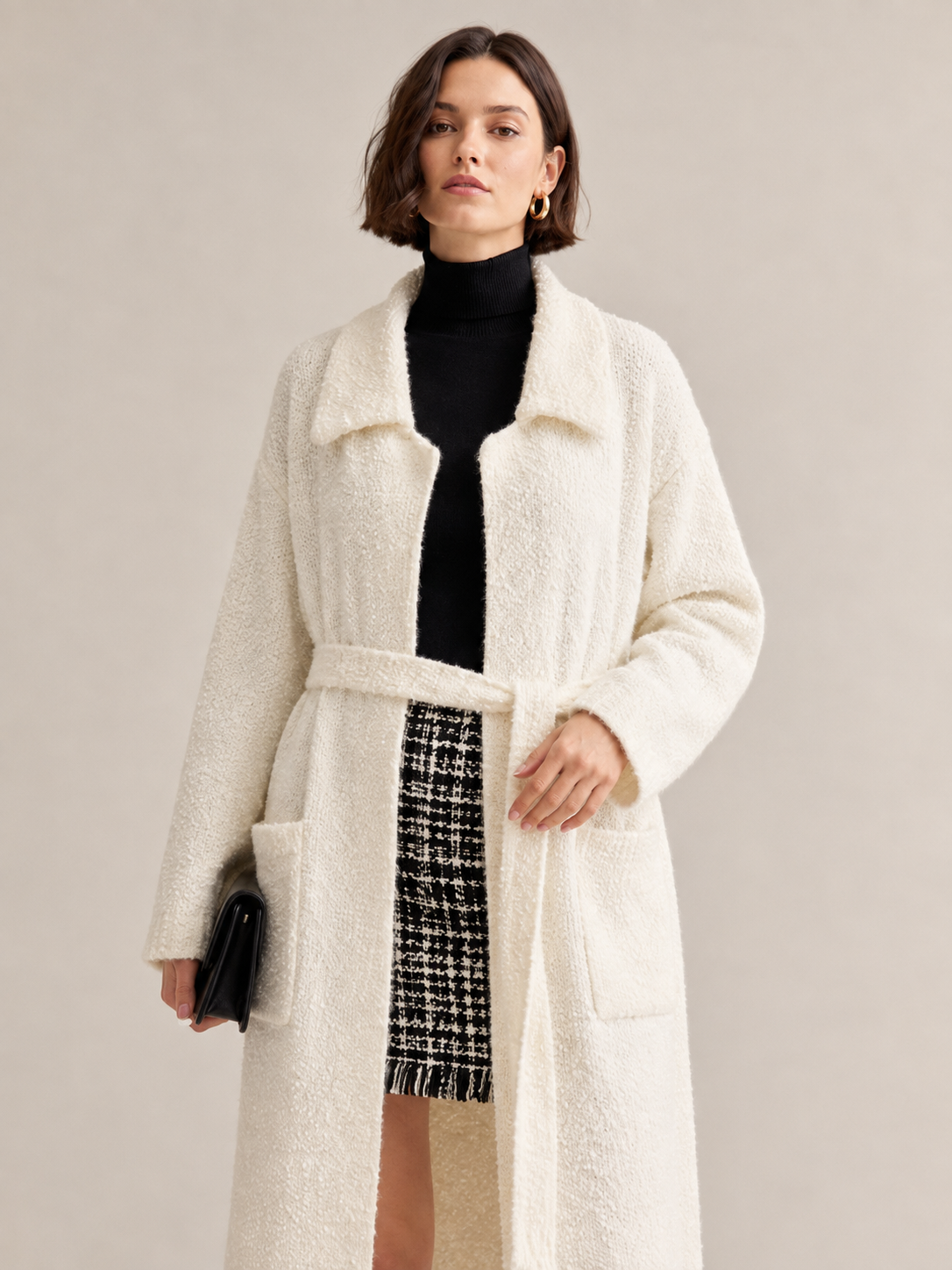 Women's Wool Blend Boucle Long Knit Coat Cardigan