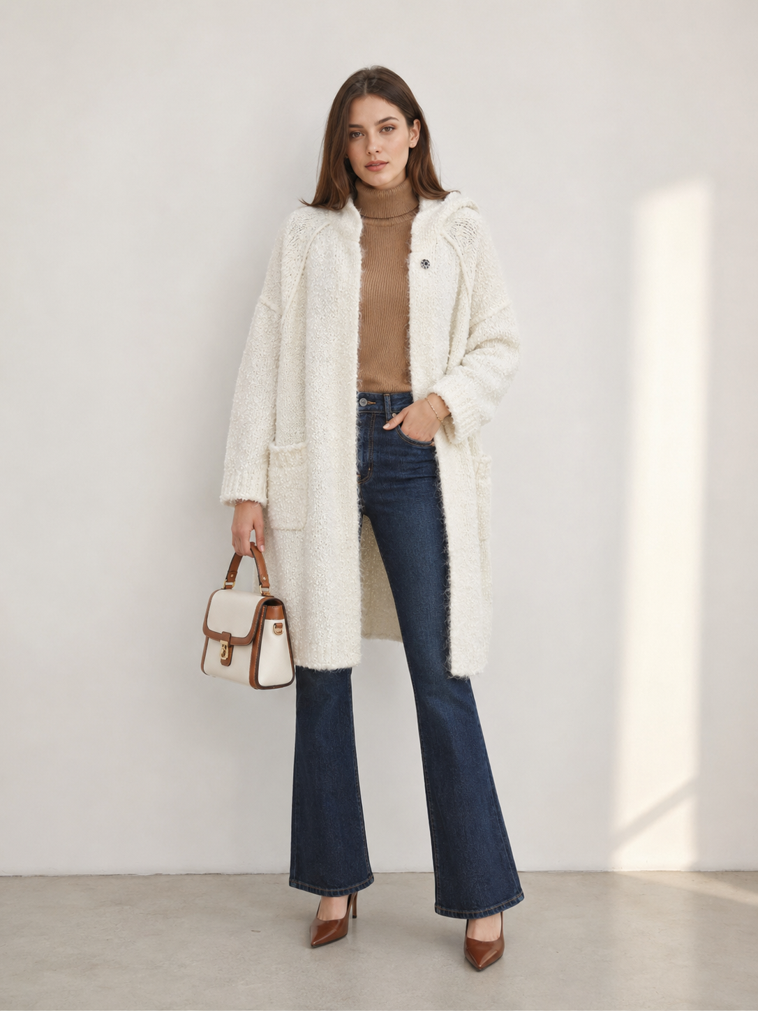 Women's Wool Blend Boucle Hooded Long Cardigan Coat
