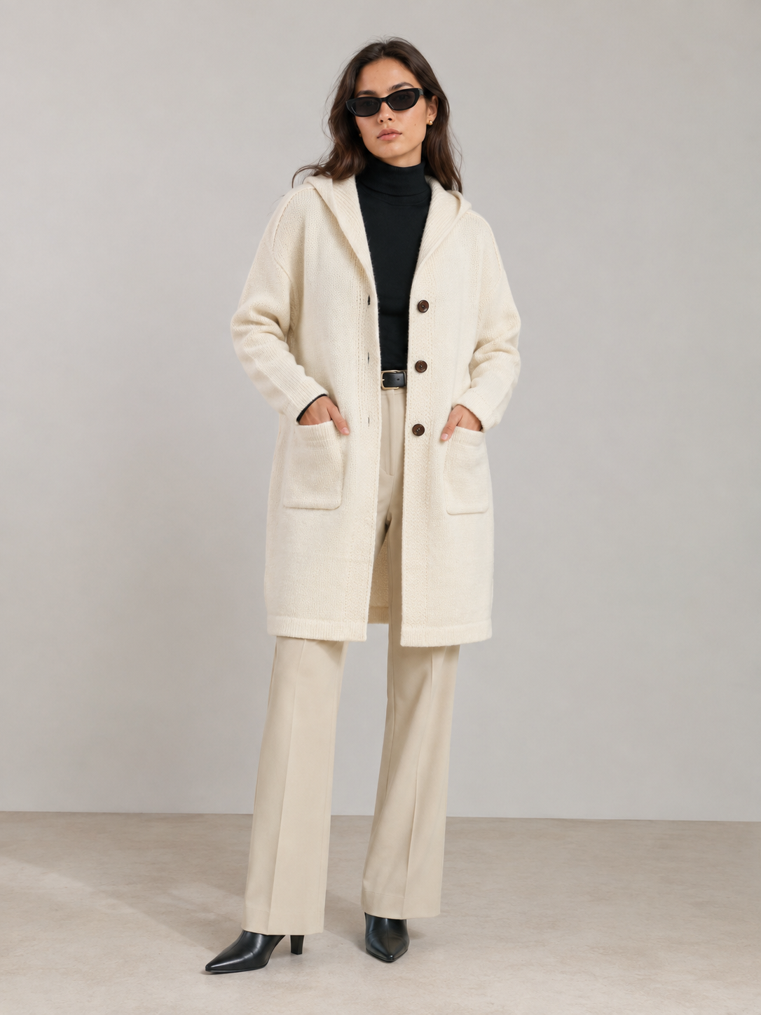Women's Wool Blend Hooded Long Cardigan Coat with Wooden Buttons