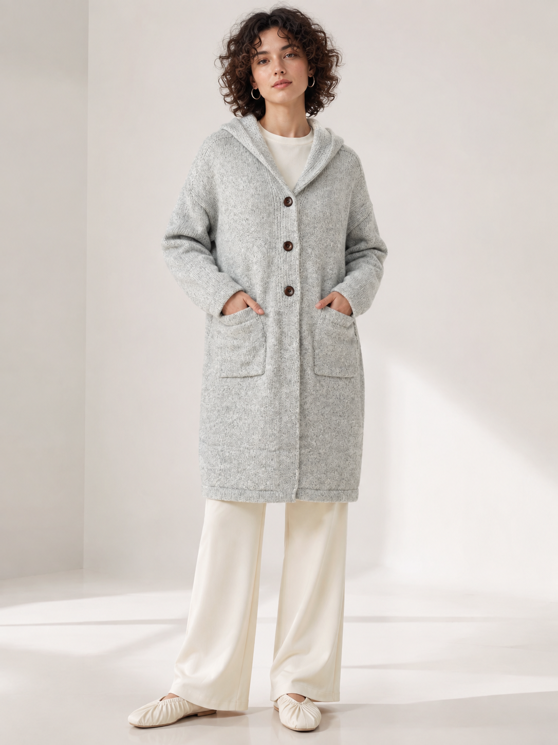 Women's Wool Blend Hooded Long Cardigan Coat with Wooden Buttons
