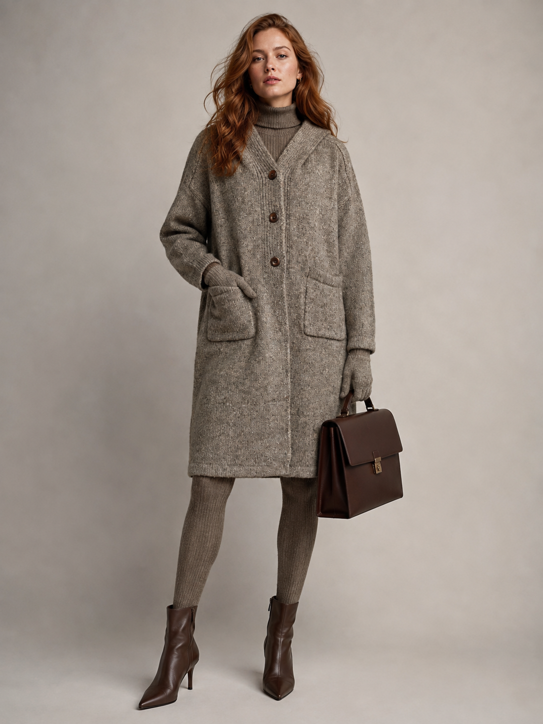 Women's Wool Blend Hooded Long Cardigan Coat with Wooden Buttons