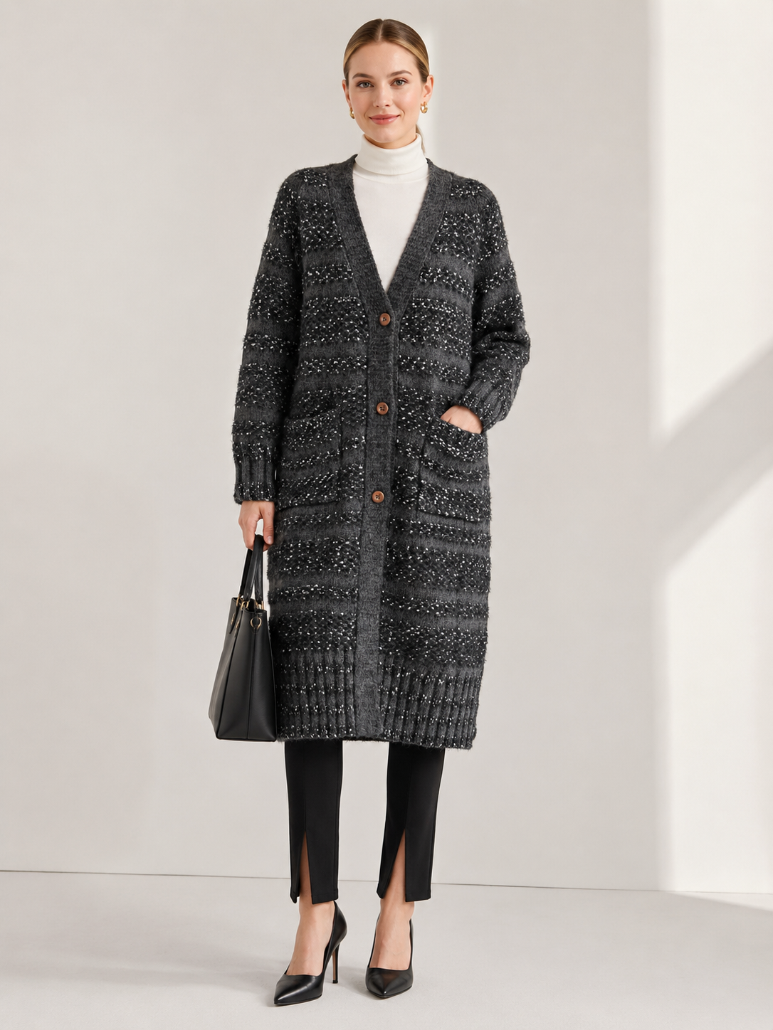 Women's Long Wool Blend Cardigan Coat with V Neck Wooden Buttons