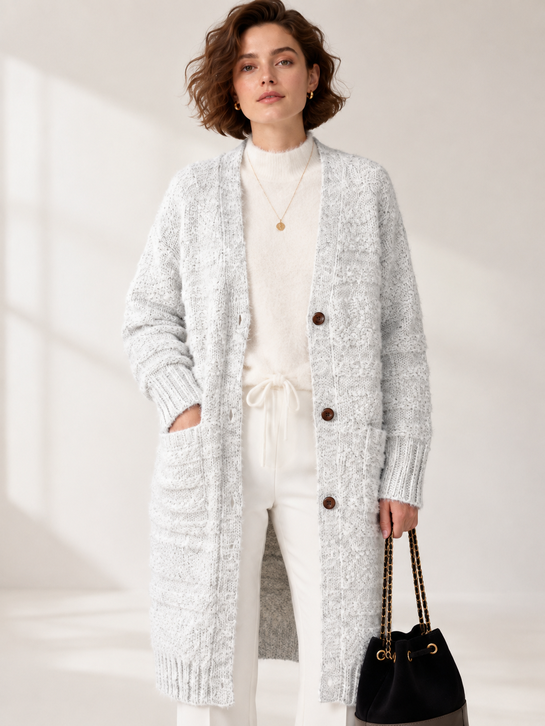 Women's Long Wool Blend Cardigan Coat with V Neck Wooden Buttons
