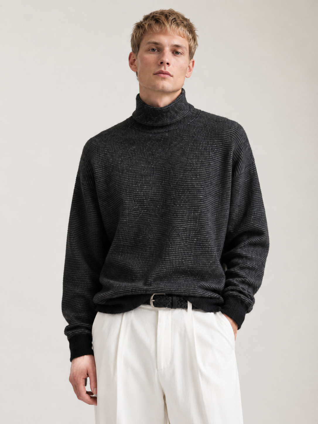 Men's Faux Mink Turtleneck Sweater with Horizontal Stripe Knit