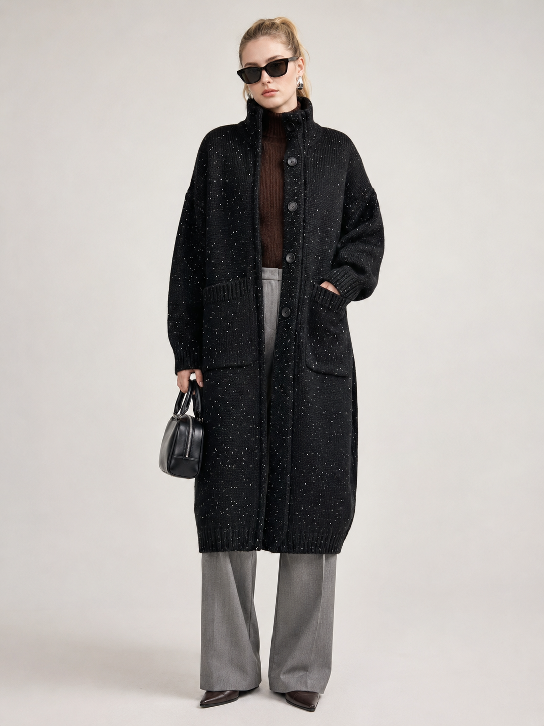 Women's Wool Blend Long Knit Cardigan Coat with Stand Collar & Multi Buttons