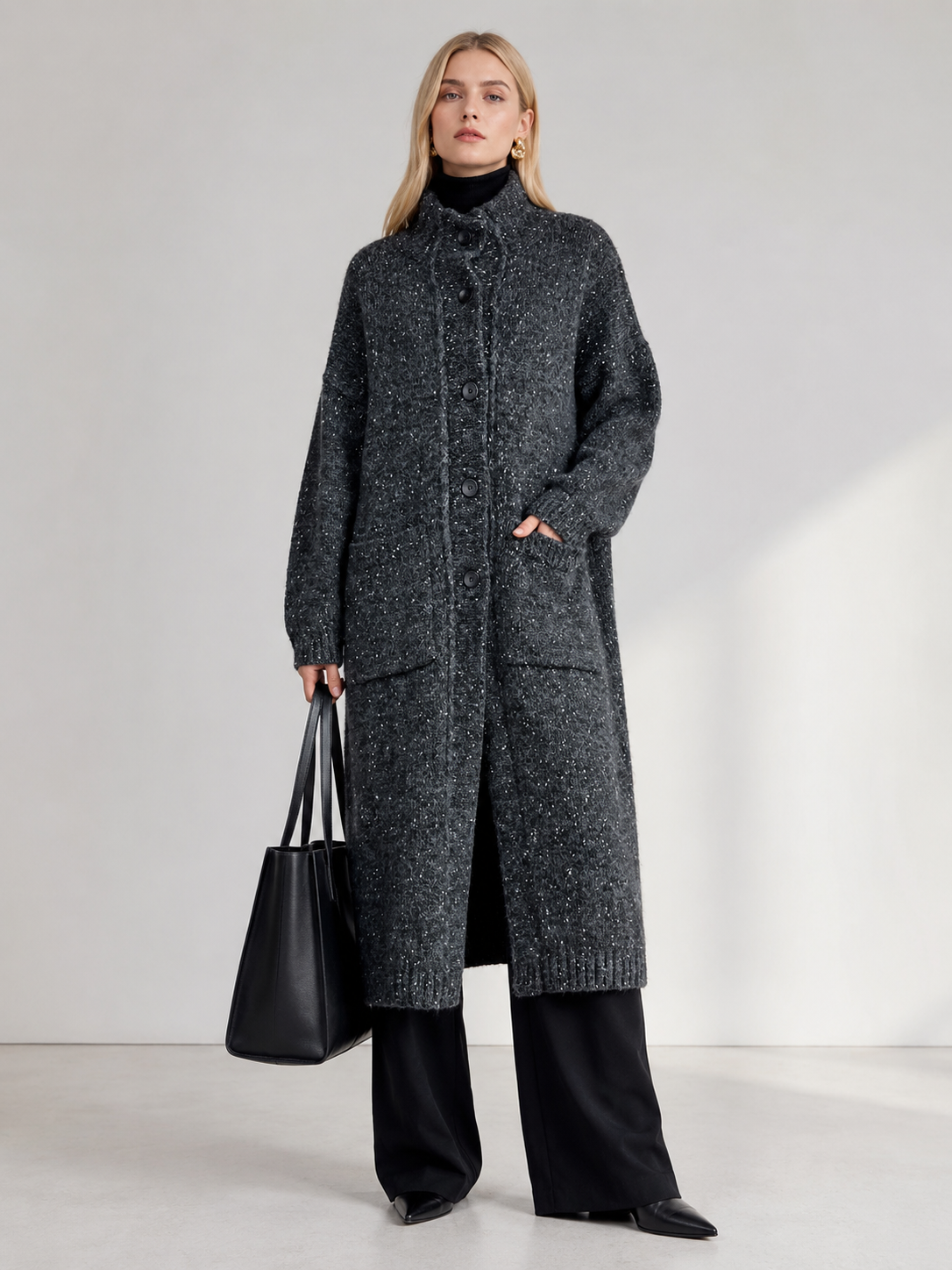 Women's Wool Blend Long Knit Cardigan Coat with Stand Collar & Multi Buttons