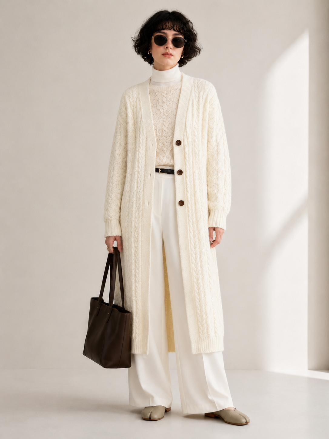 Women's Wool Blend Long Cable Knit Cardigan Coat with V Neck & Wooden Buttons