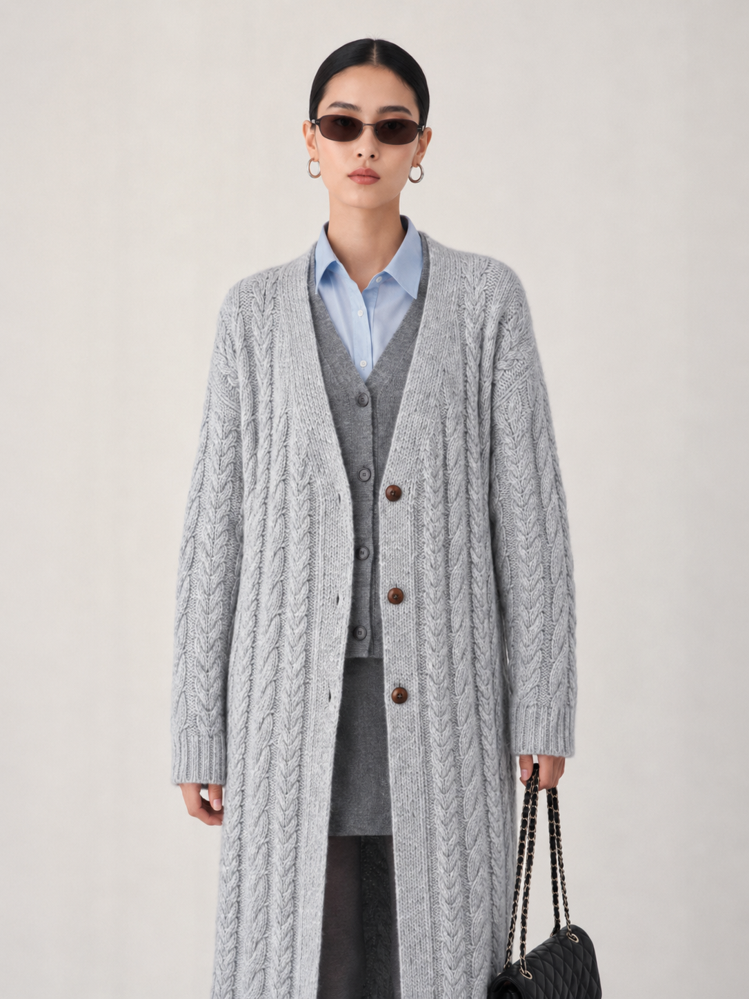 Women's Wool Blend Long Cable Knit Cardigan Coat with V Neck & Wooden Buttons
