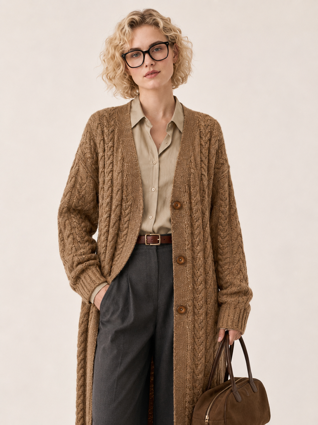 Women's Wool Blend Long Cable Knit Cardigan Coat with V Neck & Wooden Buttons