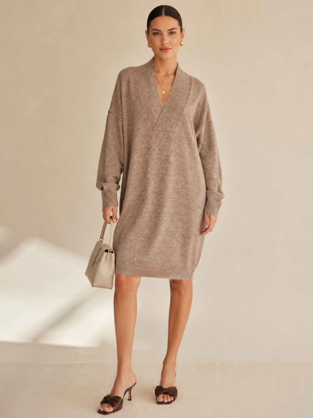 Women's Faux Cashmere V Neck Knit Dress