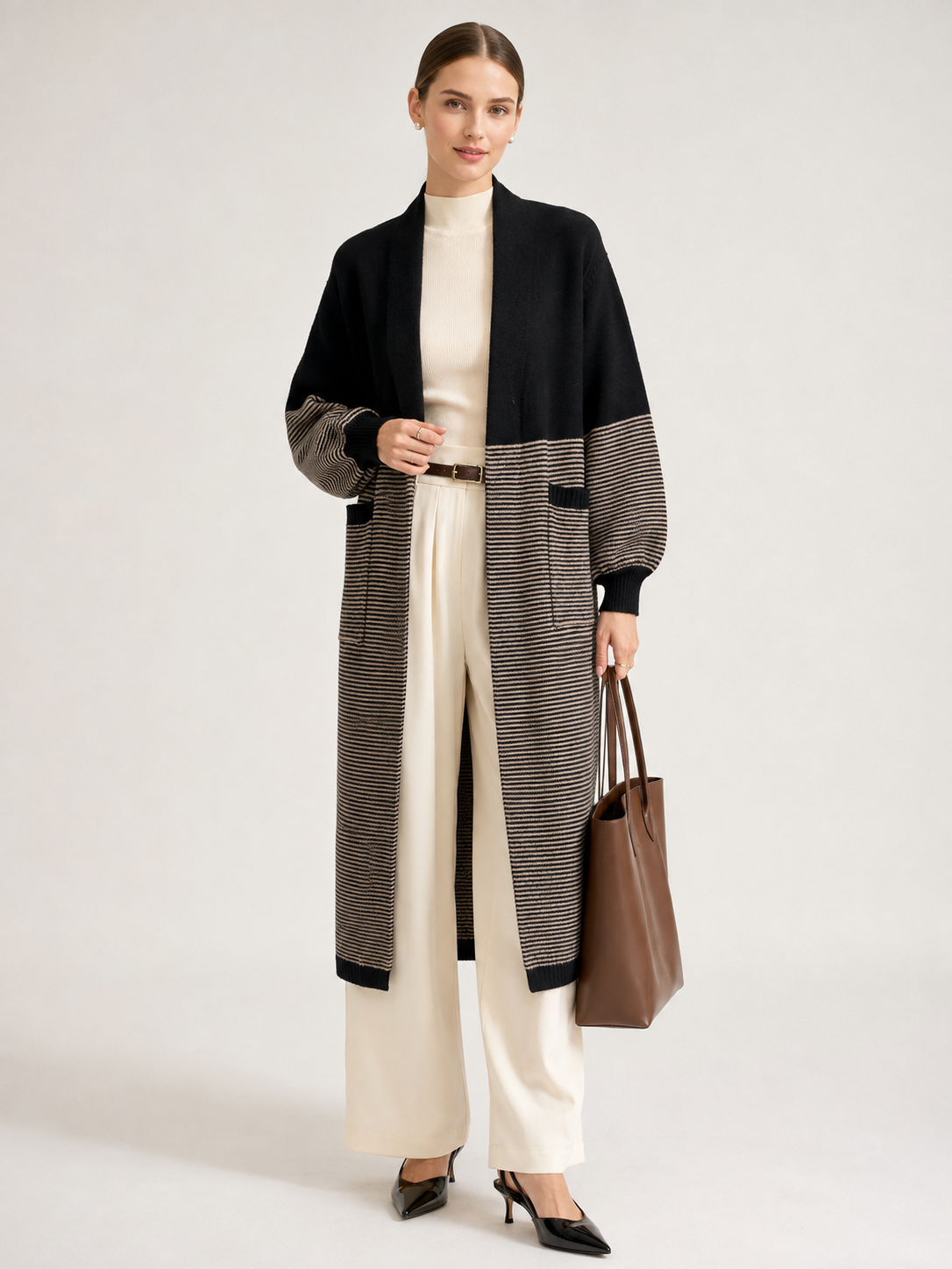 Women's Wool Blend Long Cardigan Coat with Contrast Stripes