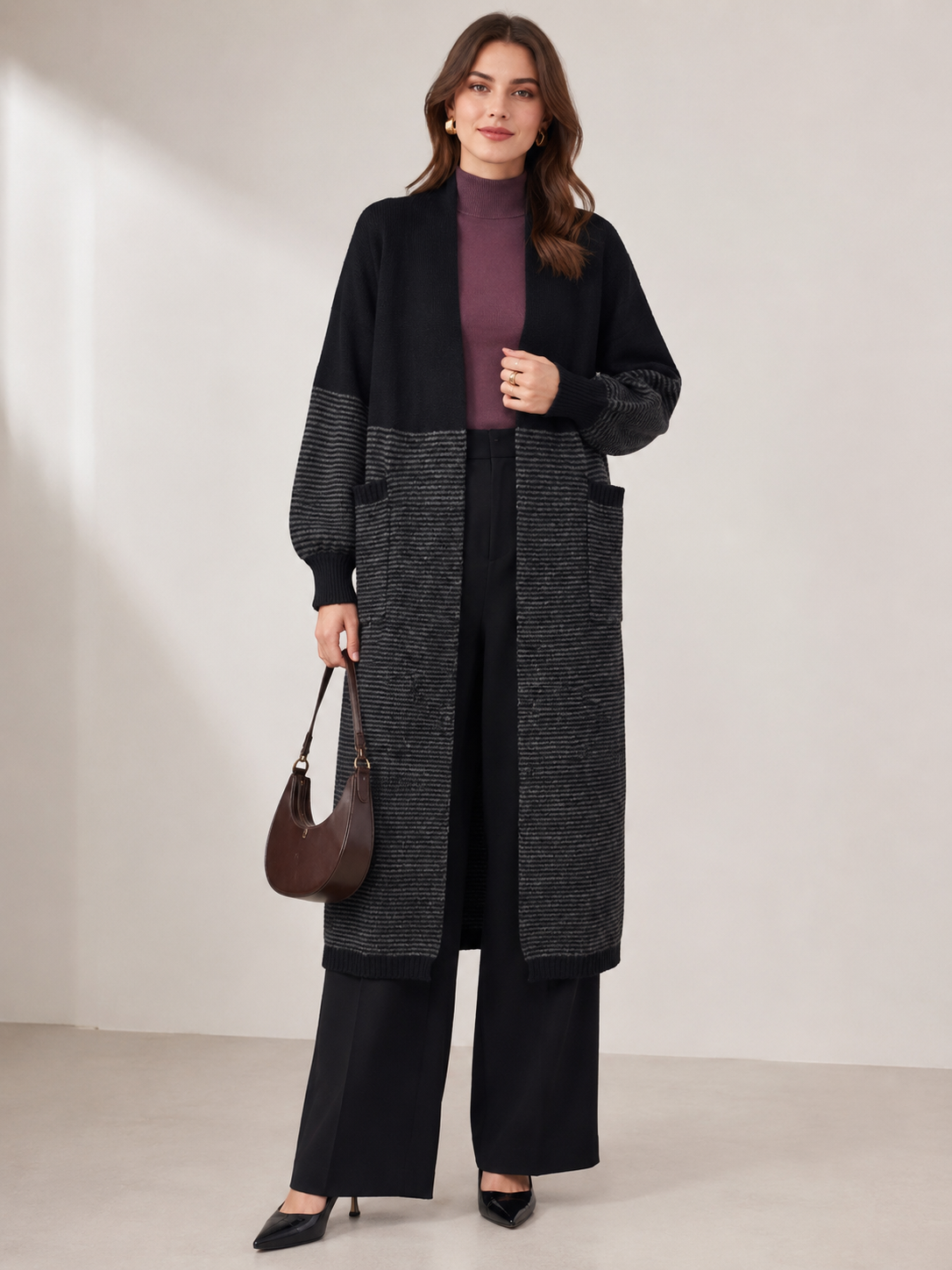Women's Wool Blend Long Cardigan Coat with Contrast Stripes