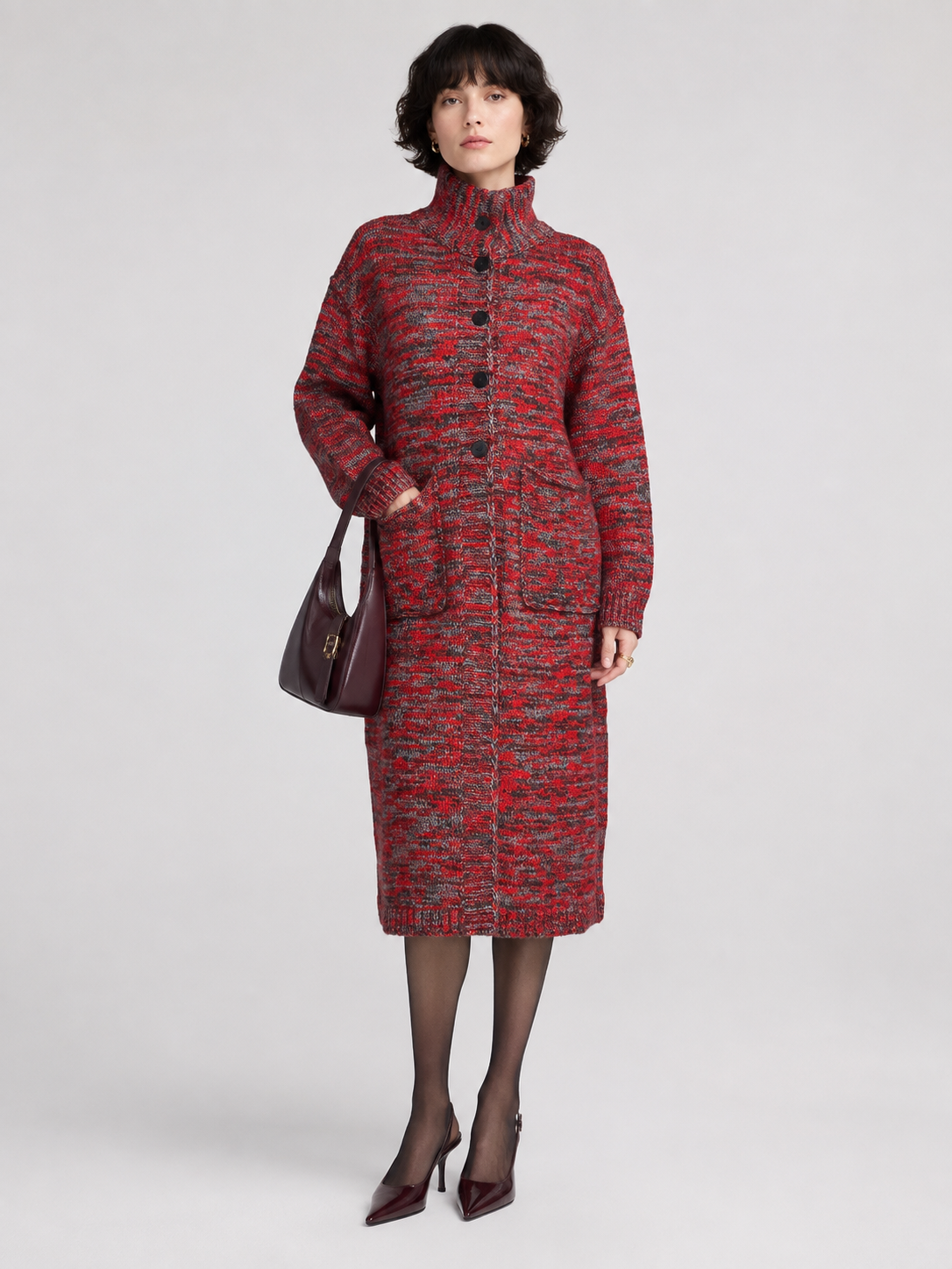 Women's Wool Blend High Neck Long Knit Coat Cardigan with Multi Buttons