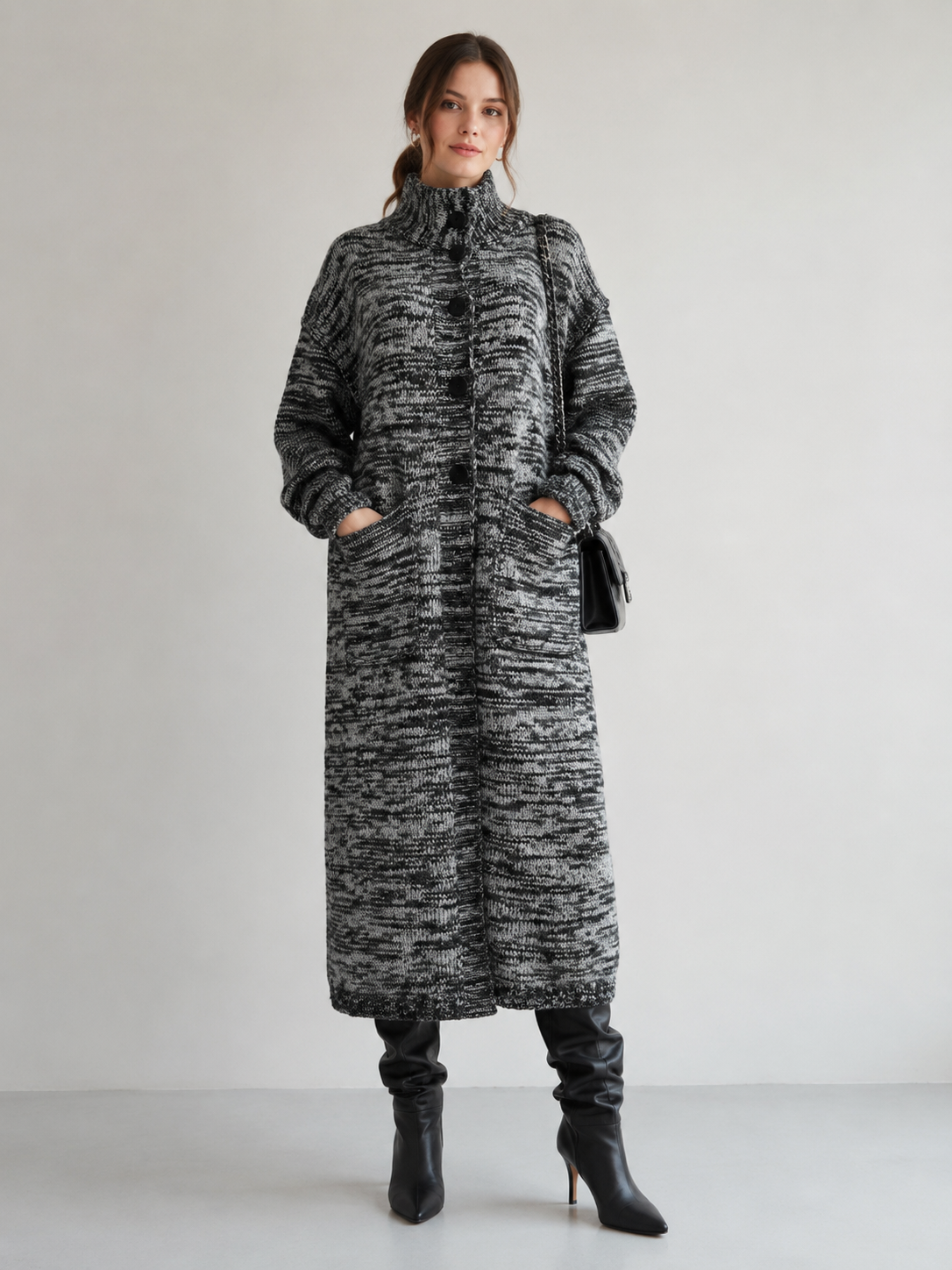Women's Wool Blend High Neck Long Knit Coat Cardigan with Multi Buttons
