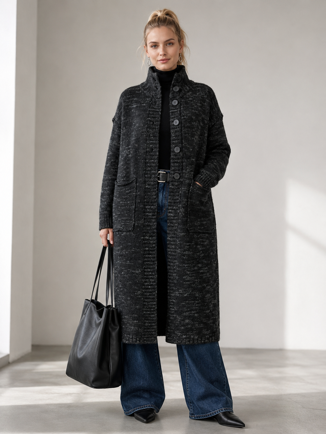 Women's Wool Blend High Neck Long Knit Coat Cardigan with Multi Buttons