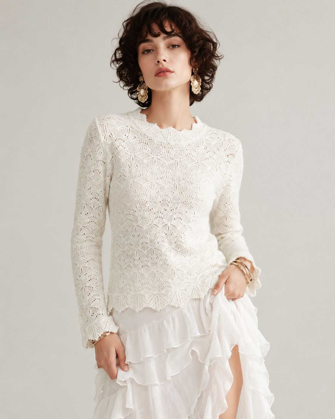 Women's French Vintage Crochet Knit Top