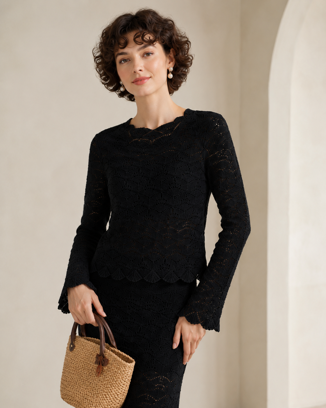 Women's French Vintage Crochet Knit Top