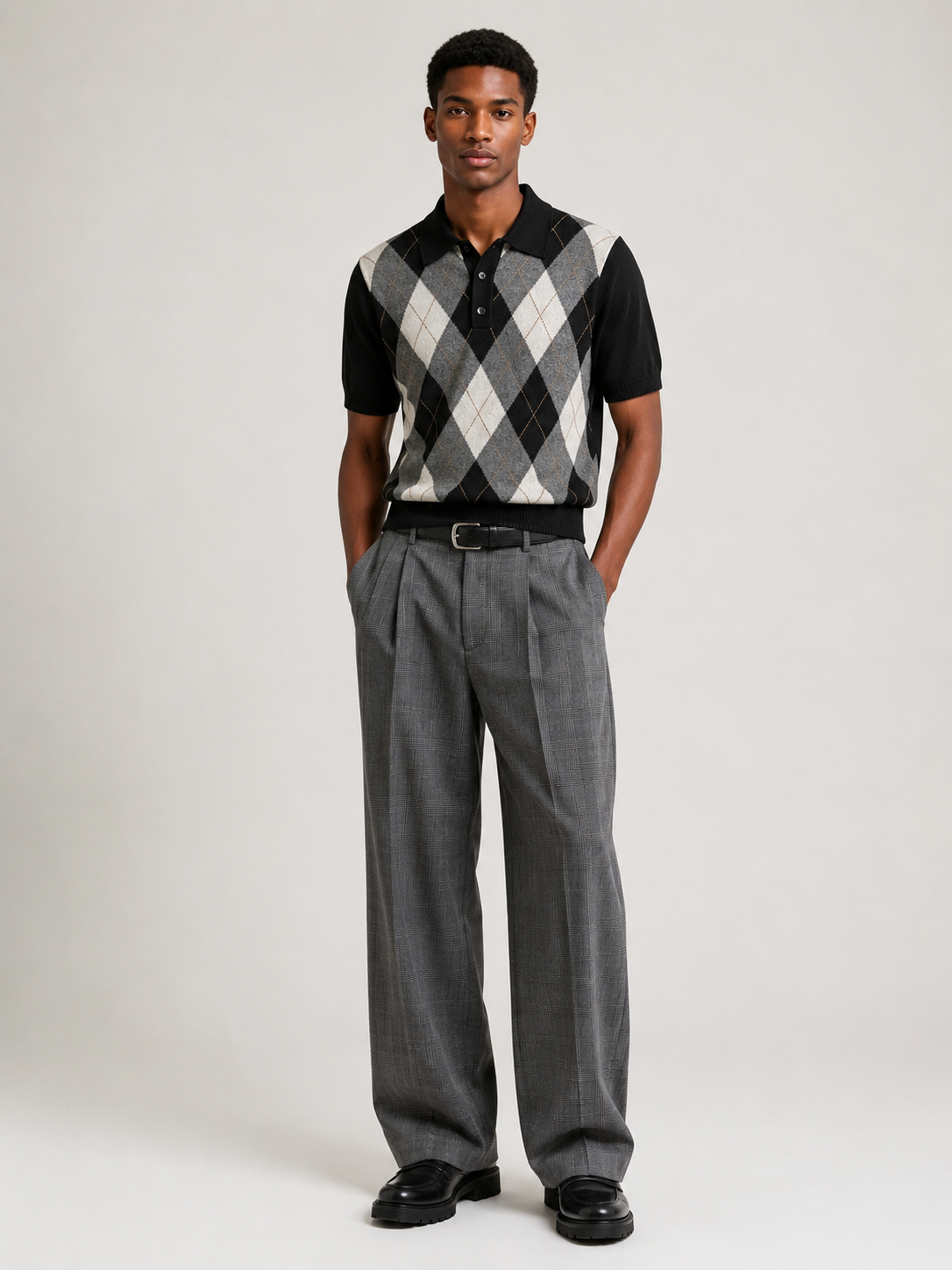 Wool Blend Polo Knit Shirt Argyle Diamond Jacquard Short Sleeve Retro Top