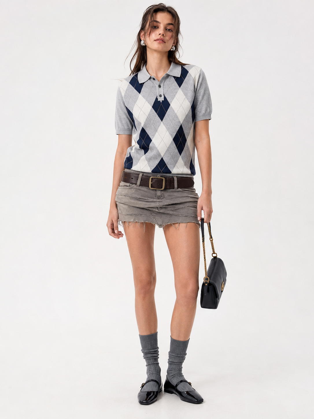 Wool Blend Polo Knit Shirt Argyle Diamond Jacquard Short Sleeve Retro Top