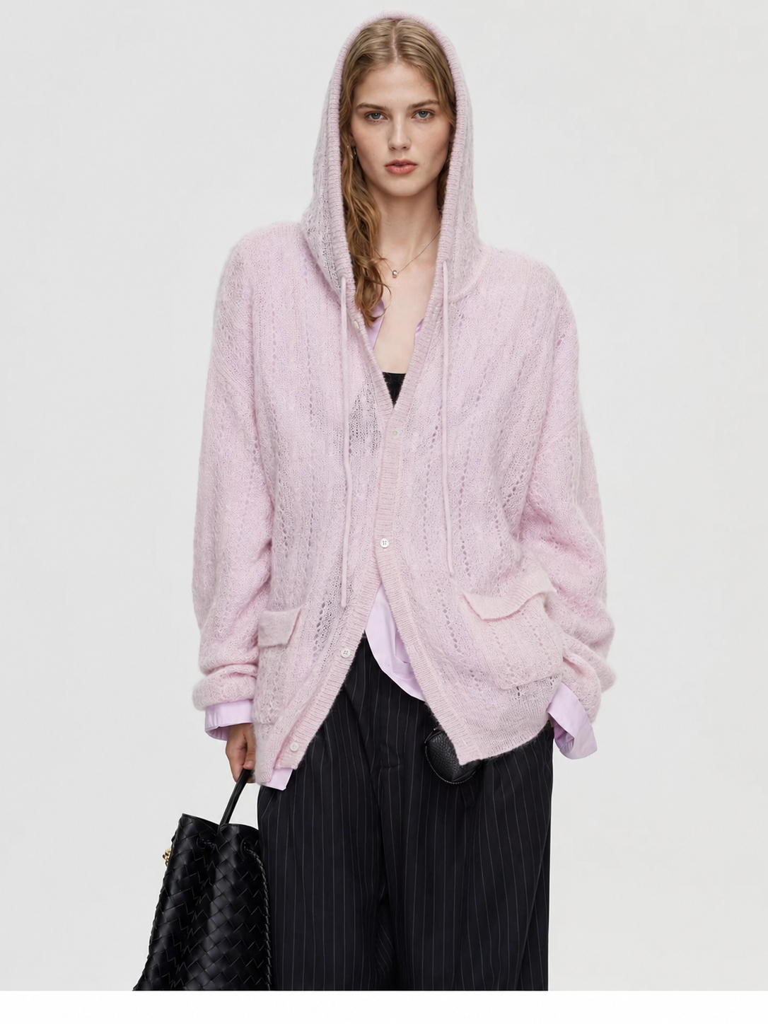 Baby Mohair Wool Blend Hoodie Sweater Cable Knit Cardigan