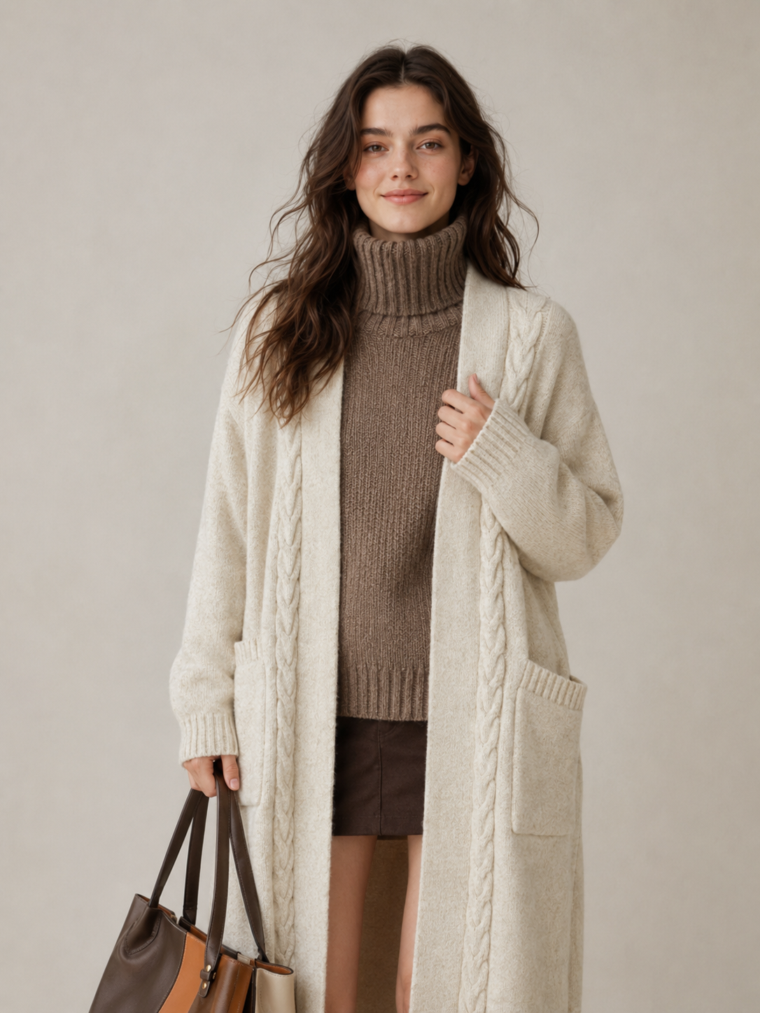 Women's Wool Blend Long Cable Knit Cardigan Sweater