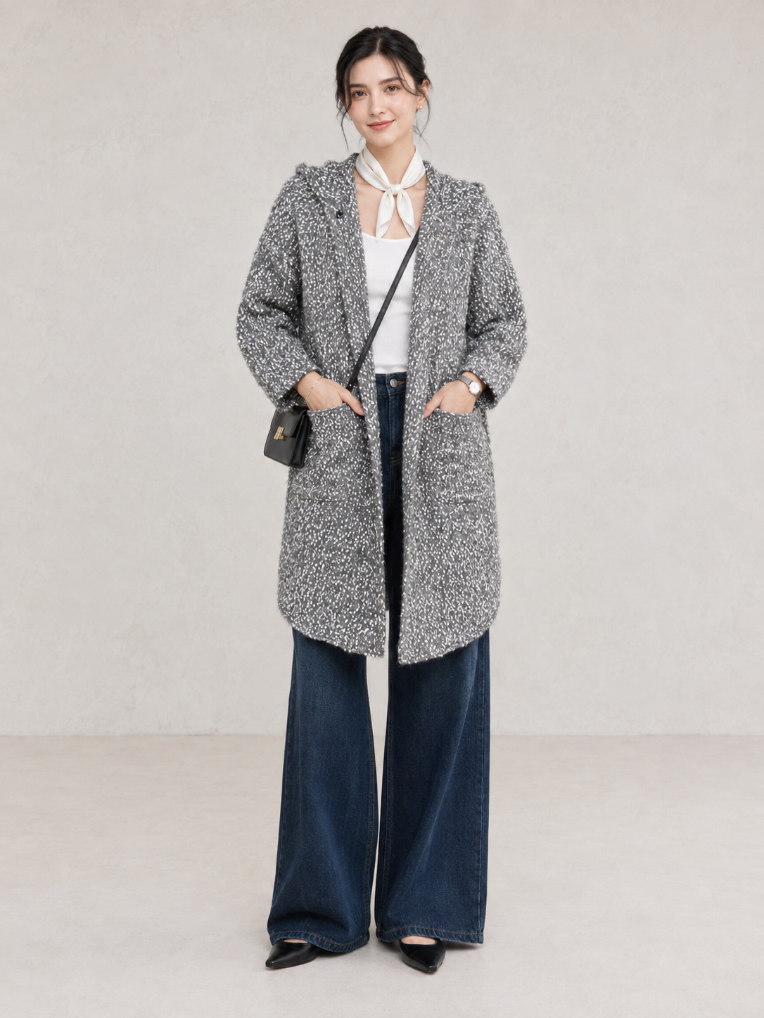 Women's Wool Blend Boucle Hooded Long Cardigan Coat