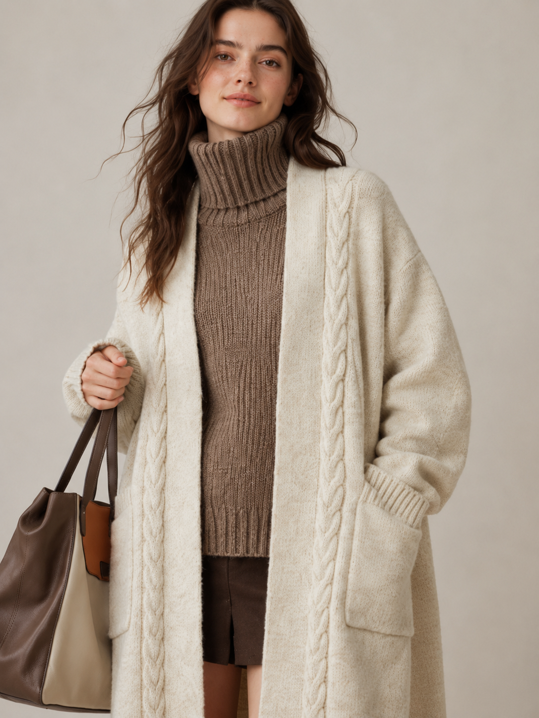 Women's Wool Blend Long Cable Knit Cardigan Sweater