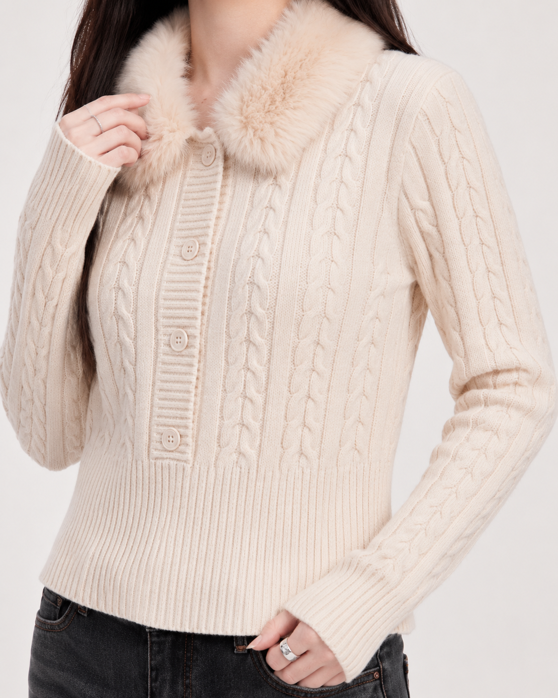 Women’s Vintage Cable Knit Sweater Fur Collar Slim Fit Cropped Top