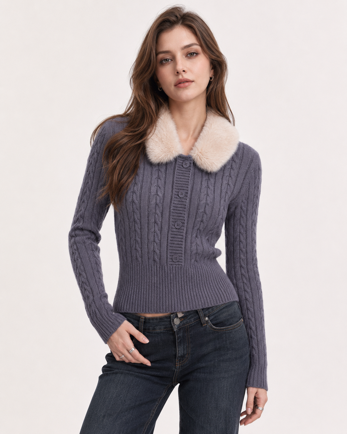 Women’s Vintage Cable Knit Sweater Fur Collar Slim Fit Cropped Top