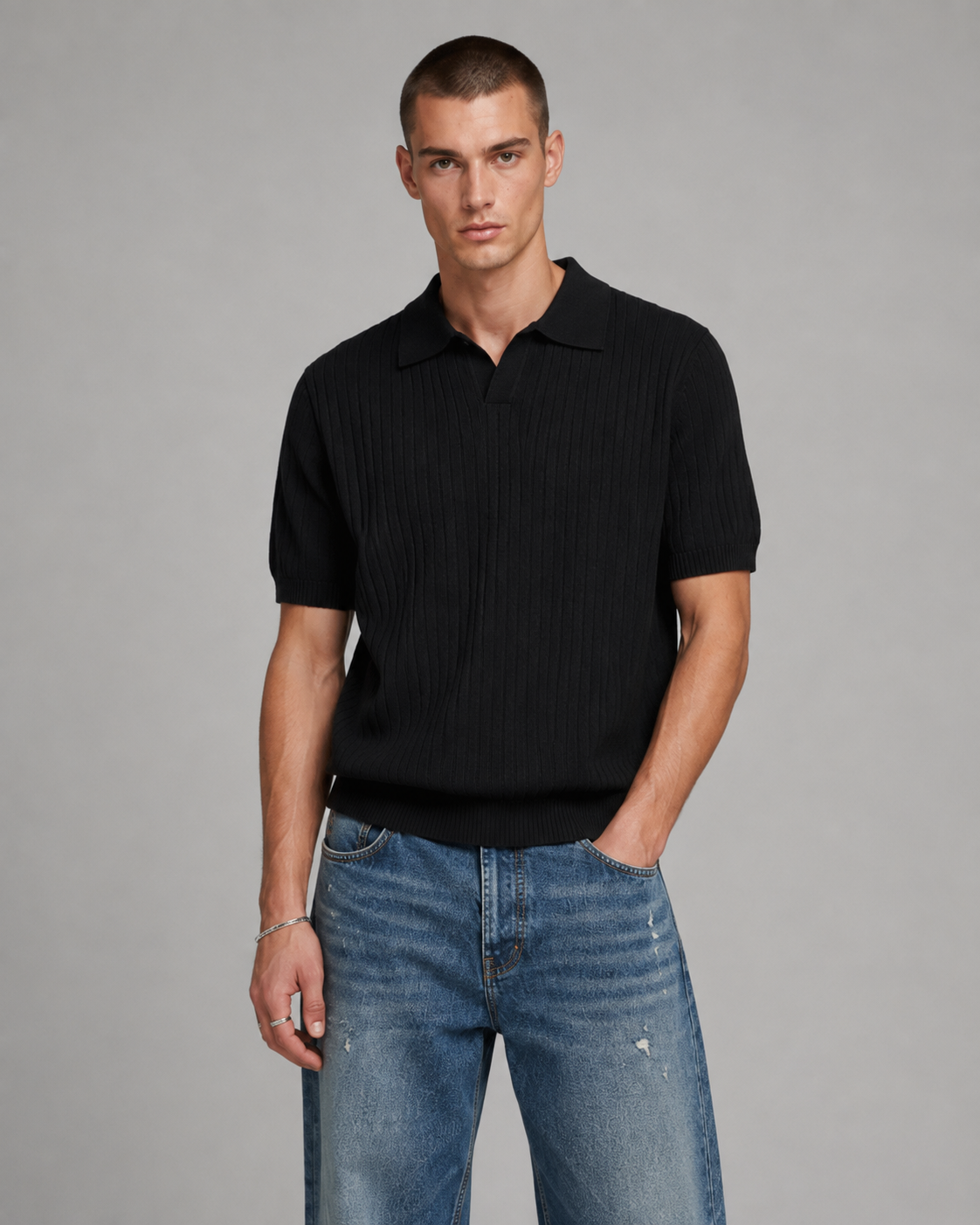 Men's Ribbed Knit Polo Shirt Short Sleeve V-Neck Top