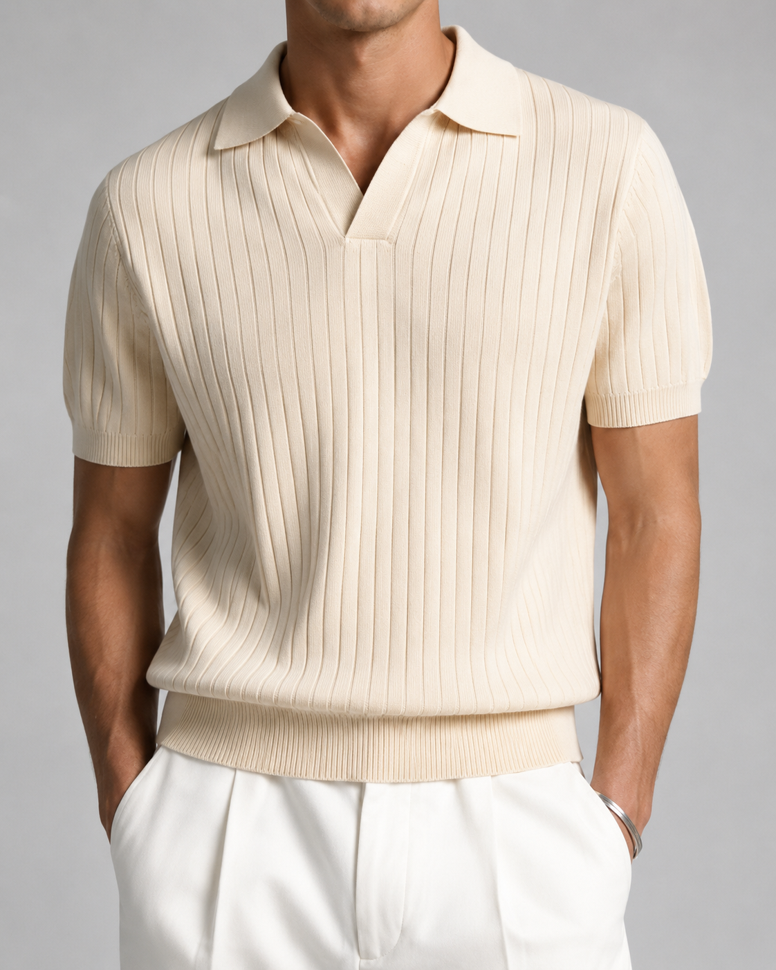Men's Ribbed Knit Polo Shirt Short Sleeve V-Neck Top