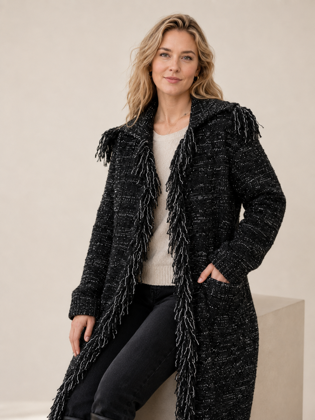 Women's Wool Blend Long Cardigan Sweater with Fringe Detail Belt