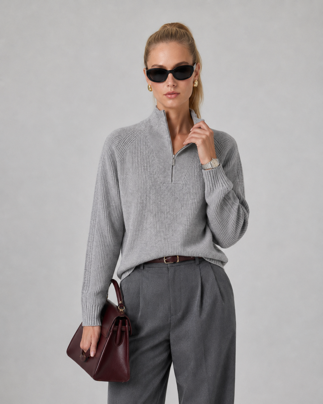 Unisex Wool Blend Half-Zip Stand Collar Sweater